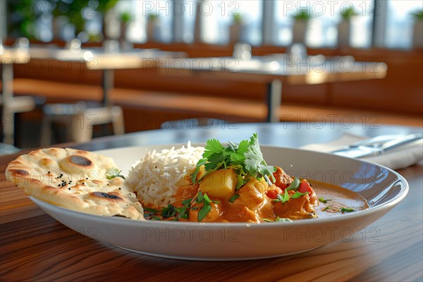 A comforting plate of Indian curry with rice and naan bread, garnished with cilantro, AI generated