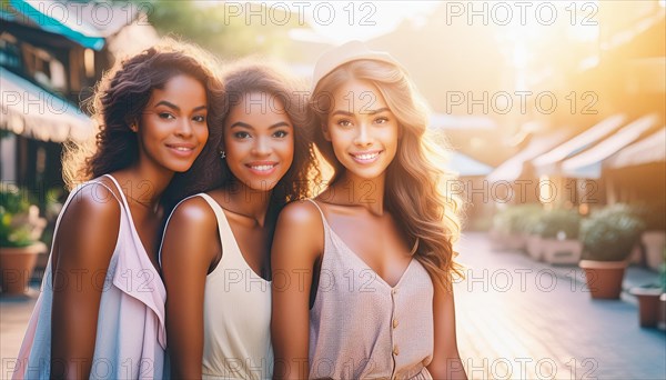 Three fashionable friends smiling and bonding during the golden hour in an urban setting, blurry moody landscaped background with bokeh effect, AI generated