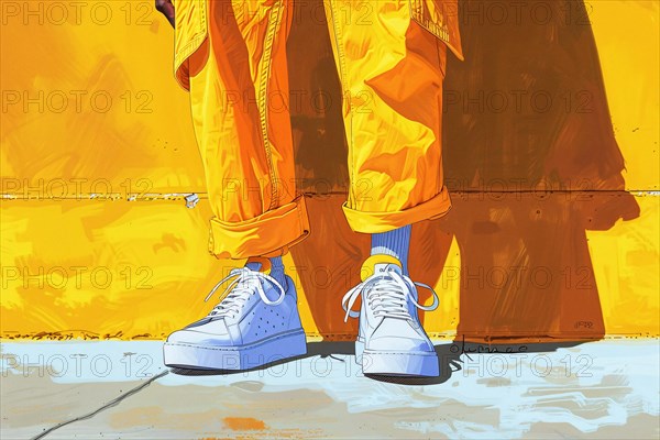 A stylized illustration of a person's feet in yellow sneakers against a yellow background, AI generated