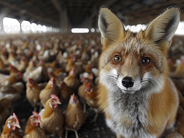Fox stands in front of a large number of chickens in a coop, AI generated, AI generated