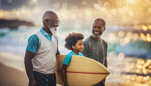Black family with three generations sharing a happy moment on a beach at sunset, kid holding surfboard, bokeh effect, AI generated