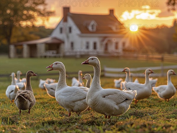 A group of geese in a meadow in front of a house during a bright sunset, AI generated, AI generated, AI generated