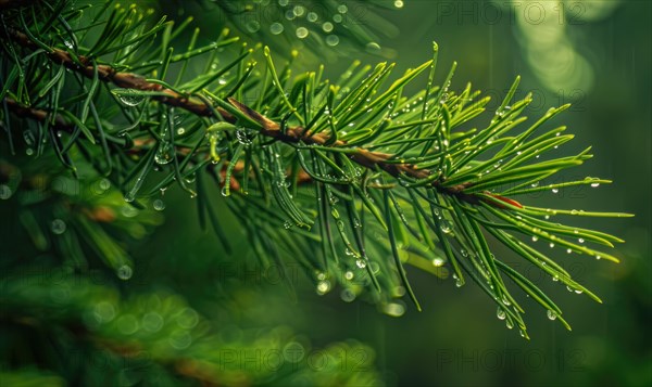 Closeup view on cedar branch in rain drops, bokeh background AI generated