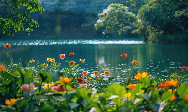 The lake surrounded by lush greenery and blooming flowers in the height of summer, summer nature landscape AI generated