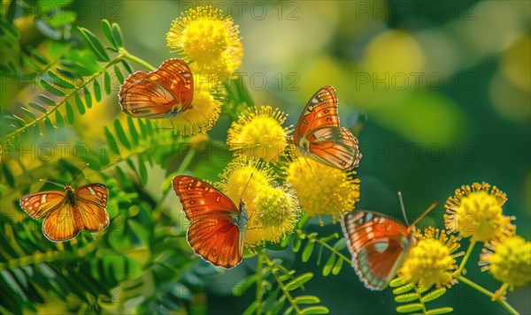 A group of butterflies fluttering around a cluster of Mimosa flowers AI generated