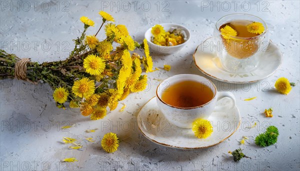 Two cups of coltsfoot tea with fresh flowers on a light-coloured background, medicinal plant coltsfoot, Tussilago farfara, KI generated, AI generated