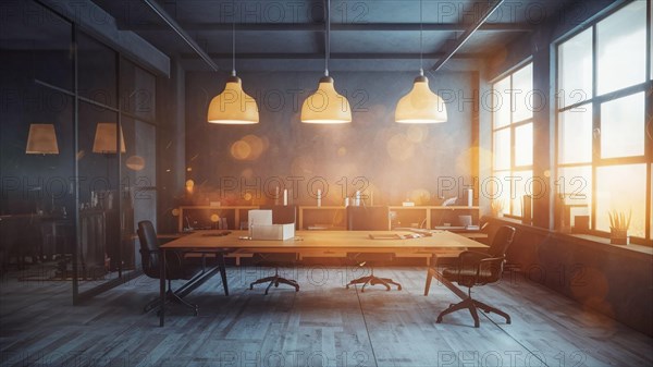 Modern office interior featuring a wooden table, artistic pendant lighting, and warm atmosphere, horizontal, AI generated