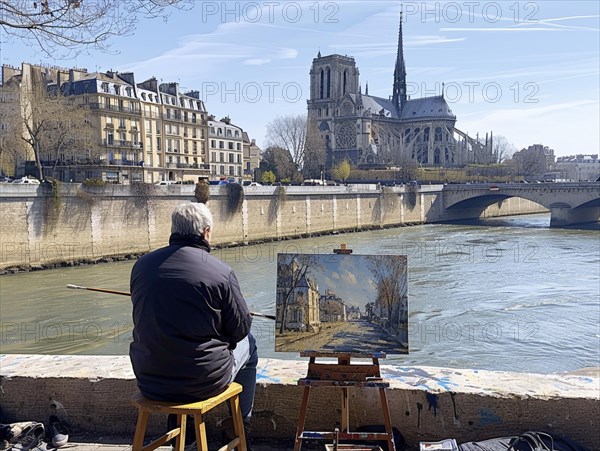 Ein Kuenstler malt die Notre-Dame von einer sonnigen Uferpromenade aus, Lifestyle in Paris, Frankreich, AI generiert, AI generated