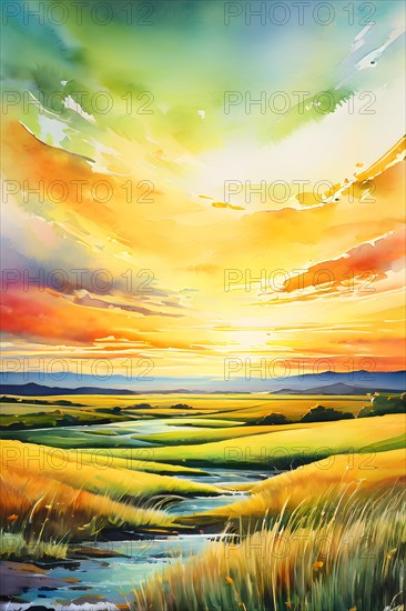 AI generated abstract painting of grasslands under a blazing sunset waves of greens