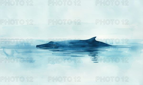 A serene watercolor painting featuring a solitary whale gracefully gliding through calm ocean waters AI generated