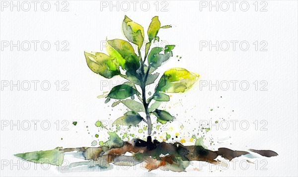 Tree sprout with coins growing from its buds, watercolor illustration on white background AI generated