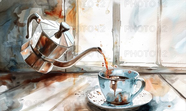 Watercolor illustration of a vintage coffee pot pouring coffee into a cup AI generated