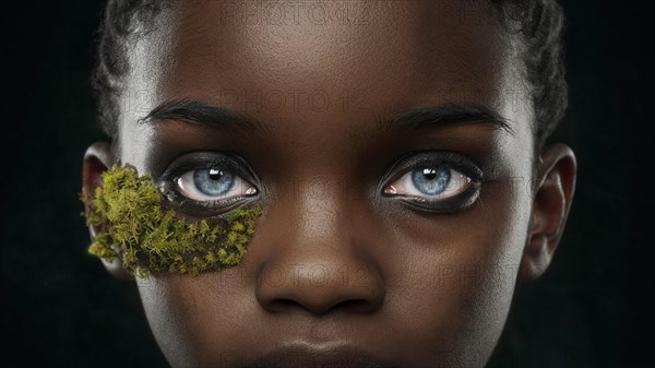 Close-up of a girl's face with dark skin featuring moss makeup on one side, creating a mysterious look, earth day concept, AI generated