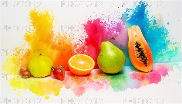 Variety of fruits on a watercolor paint background, artistic food presentation, horizontal, AI generated
