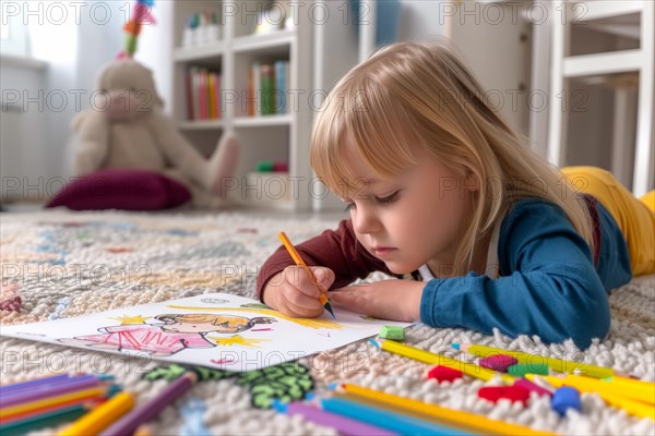 A preschool-aged girl lies on the floor and draws a picture with coloured pencils, AI generated, AI generated, AI generated