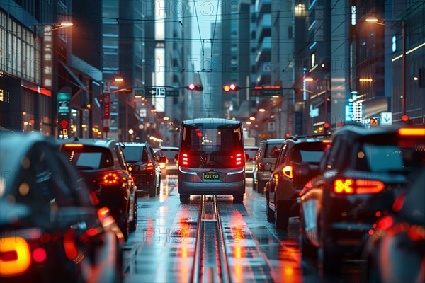 Tram among cars on a city street in the evening with glowing red tail lights, AI generated