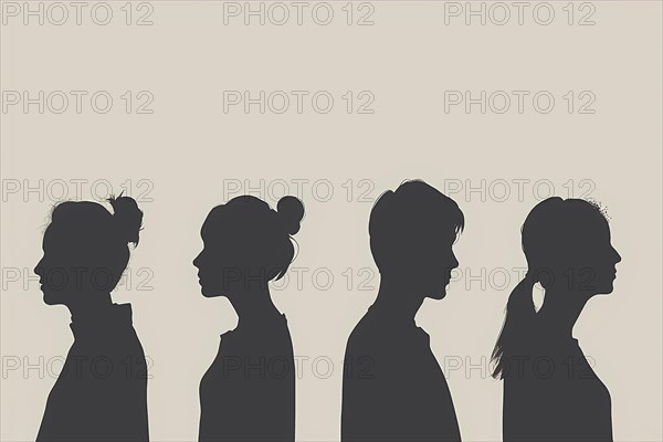 Four women in profile silhouettes against a beige background, evoking a mysterious elegance, illustration, AI generated