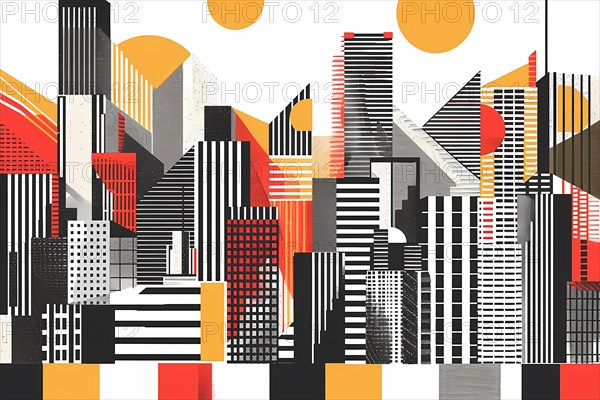 A vibrant abstract geometric cityscape with bold red, yellow, and black colors, illustration, AI generated