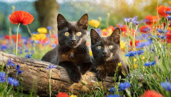 KI generated, animal, animals, mammal, mammals, cat, felidae (Felis catus), a cat with kitten lies in a flower meadow, two animals