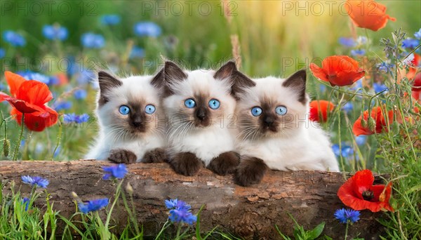 KI generated, animal, animals, mammal, mammals, cat, felidae (Felis catus), three cats resting on a tree, kittens