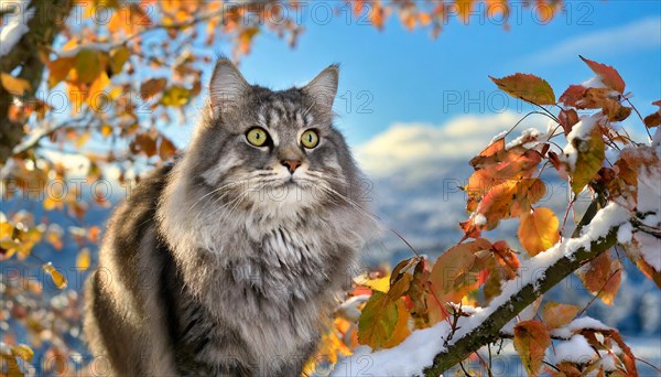 AI generated, animal, animals, mammal, mammals, cat, felidae (Felis catus), a grey-black American Forest Cat, sitting in a tree, autumn, autumn leaves, snow, onset of winter
