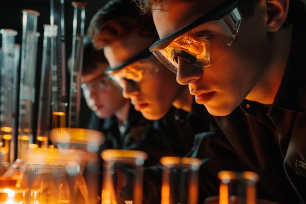 Pupils experimenting in a classroom with safety goggles, chemistry lessons, AI generated, AI generated, AI generated