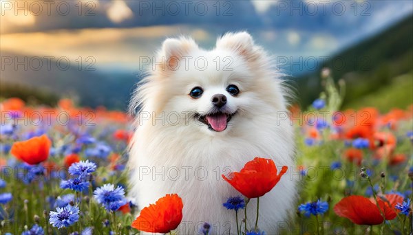 KI generated, animal, animals, mammal, mammals, one, single animal, dwarf spitz, Spitz, (Canis lupus familiaris), dog, dogs, bitch, Pomeranians, puppy, meadow, poppy and cornflowers