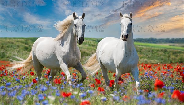 KI generated, A horse, horses, Arabian, in front of a blue sky, thoroughbred Arabian, AV, Arabian thoroughbred, (Eqqus ferus caballus), running in a meadow with colourful flowers