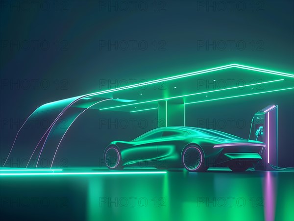 A concept electric car under a futuristic charging station with vibrant neon lights, illustration, AI generated