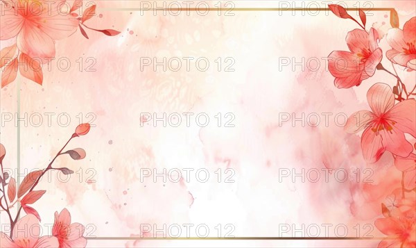 Thin golden frame on watercolor background, space for text AI generated