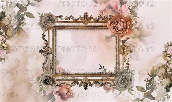 A gold frame with pink flowers on the wall. Abstract background with frame and space for text AI generated AI generated