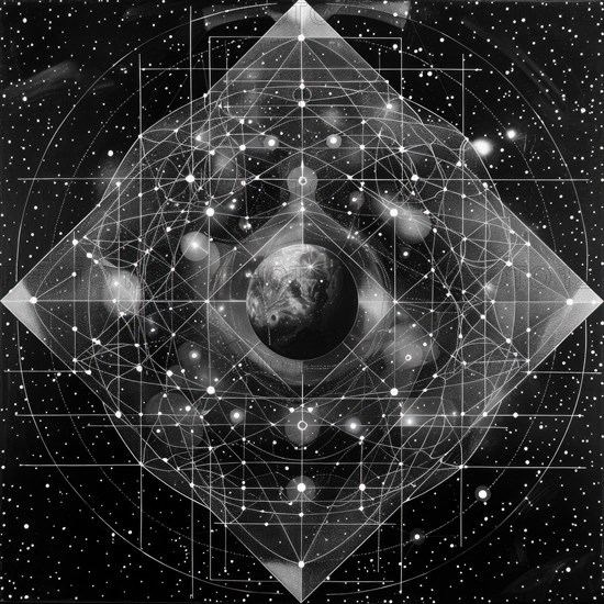Black and white depiction of sacred geometry symbolizing cosmic harmony with Earth at the center AI generated
