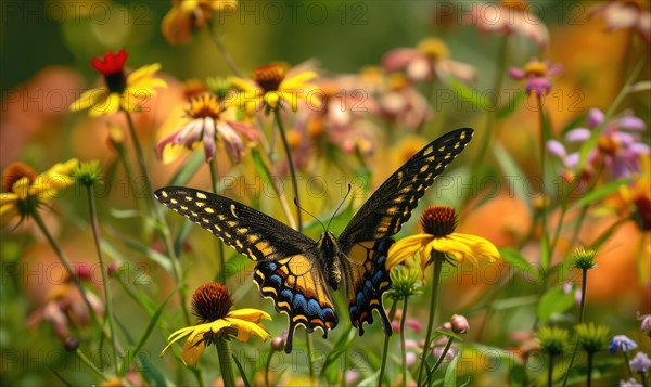 Butterfly amidst wildflowers, closeup view, selective focus, spring nature AI generated