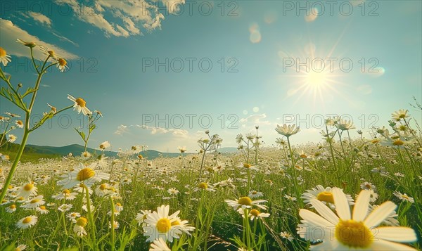 Chamomile field at golden hour, spring nature background AI generated