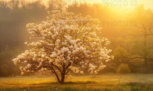 Magnolia tree in full bloom under the golden light of sunrise AI generated