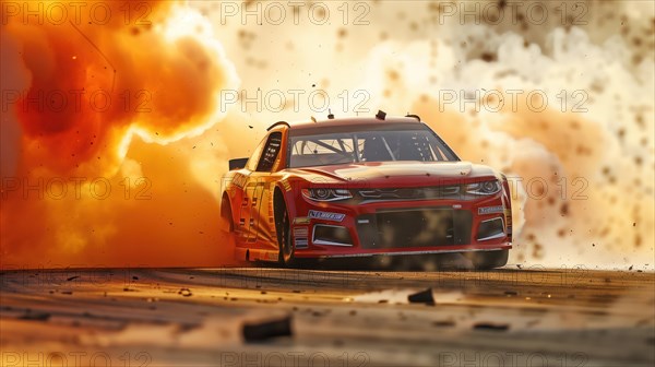 A race car narrowly avoids a fiery explosion on the track, encapsulating the extreme risks and exhilaration of motorsport, AI generated