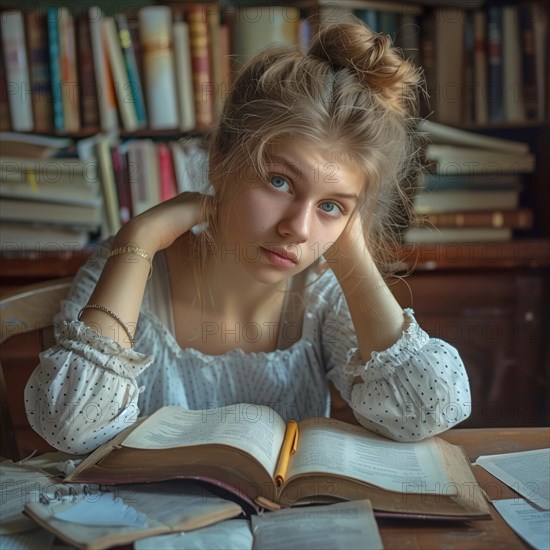 A reader engrossed in a book amidst a serene library setting, AI generated