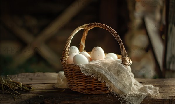 Eggs arranged in a wicker basket AI generated