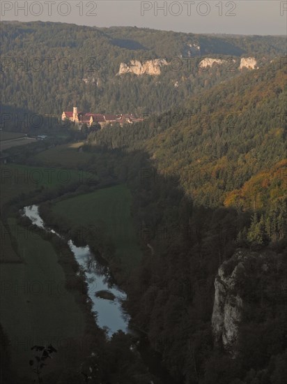 View along the Danube to the Benedictine Archabbey Beuron, district of Sigmaringen, Baden-Wuerttemberg, Germany, Europe