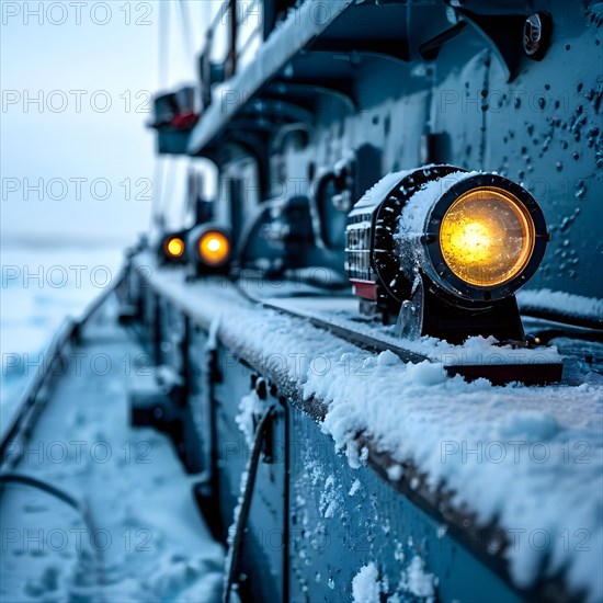 Icebreaker ship carving a path through thick ice of the polar region, AI generated