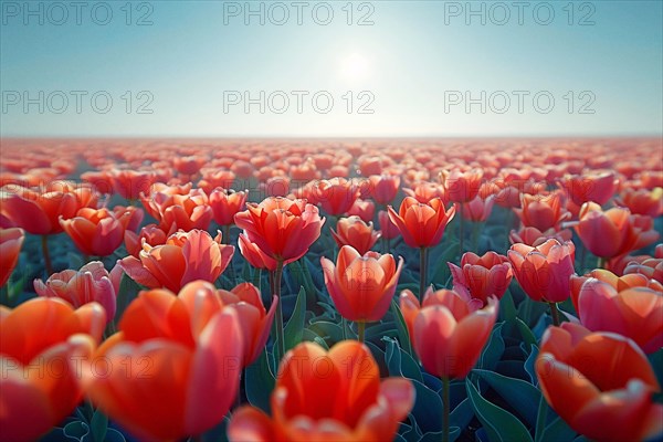 A serene field of red tulips stretches to the horizon under a clear blue sky, AI generated