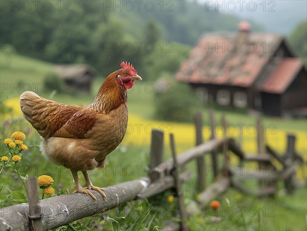A chicken perched on a fence with a farmhouse and greenery in the background, AI generiert, AI generated