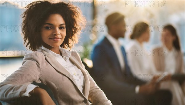 A stylish business bossy woman in casual business attire looks relaxed and confident in a modern office setting, AI generated