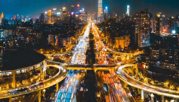 A dynamic night cityscape with skyscrapers and traffic, captured with long exposure, rush hour commuting time, sunset, blurry cityscape, bokeh effect, AI generated