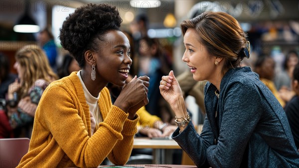 Two women of diverse ethnicities laughing and sharing a snack in a cafeteria, AI generated