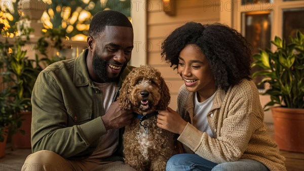 A joyful african american family moment with a man and girl smiling as they play with a fluffy dog, AI generated