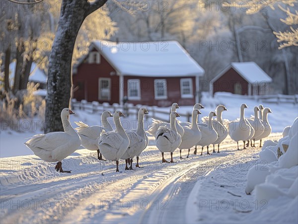 Elegant swans on a snow-covered path in a quiet wintry morning scene, AI generated, AI generated, AI generated