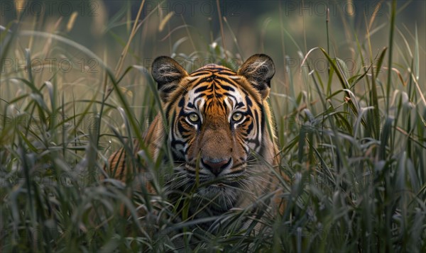 A Bengal tiger prowling through tall grass in its native habitat AI generated