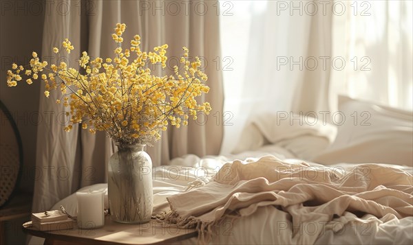 A dreamy bedroom setting with a vase of Mimosa flowers placed on a bedside table AI generated