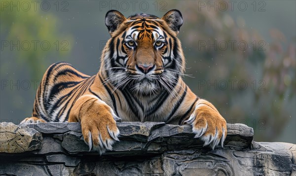 A Malayan tiger perched on a rocky ledge AI generated